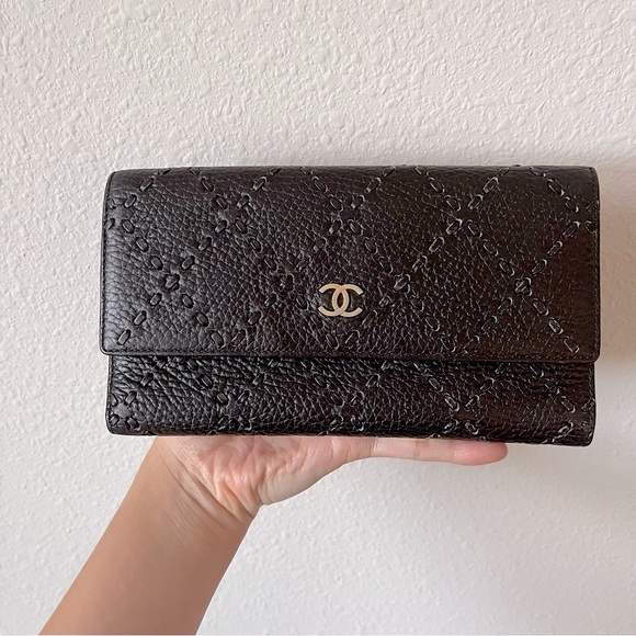 CHANEL Handbags - VINTAGE CHANEL Dark Brown Genuine Leather Clutch Wallet with Gold Logo